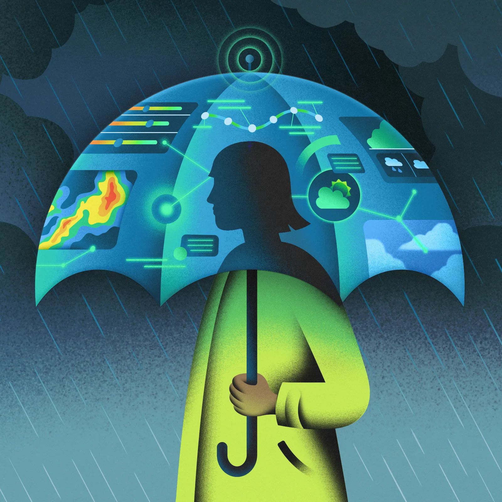 Illustration of a person holding an umbrella filled with weather data visualizations